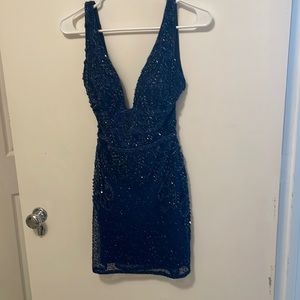 Primavera Couture Beaded Midriff Fitted Blue Cocktail Dress Size 0